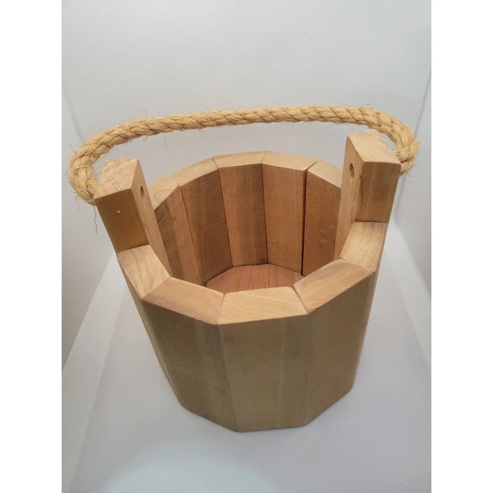 Rustic Wooden Bucket Planter with Jute Rope Handle Natural Farmhouse Decor 7.5in